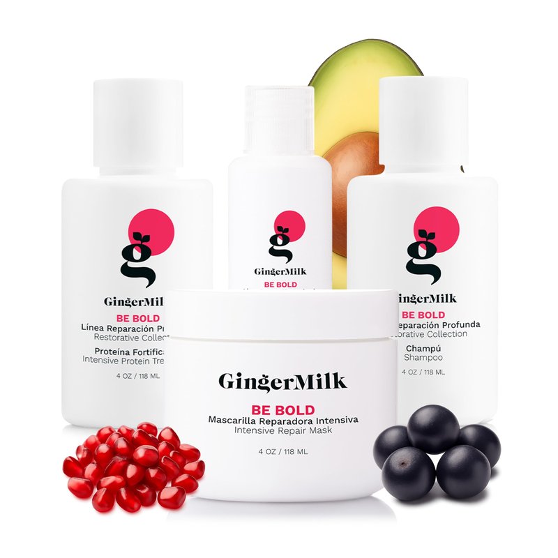 GINGER MILK Travel Hair Care Set, Repair for Dry & Chemically Damaged Hair with Shea Butter, Argan Oil, Green Tea & Rice Protein. 4 Products with Travel Bag - TSA-Approved Sizes | Be Bold