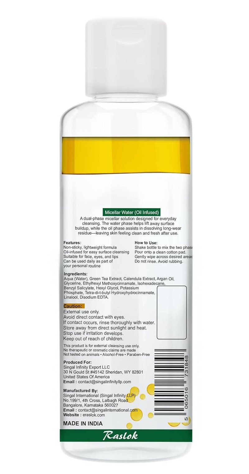 Micellar Cleansing Water - Oil Infused Makeup Remover & Moisturizer | Alcohol-Free, Paraben-Free, 200ml