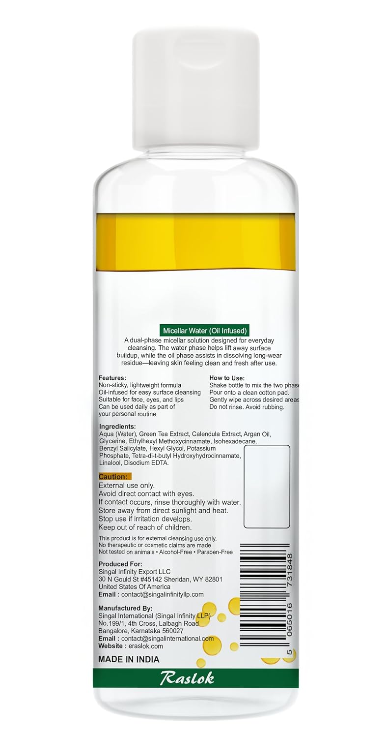Micellar Cleansing Water - Oil Infused Makeup Remover & Moisturizer | Alcohol-Free, Paraben-Free, 200ml