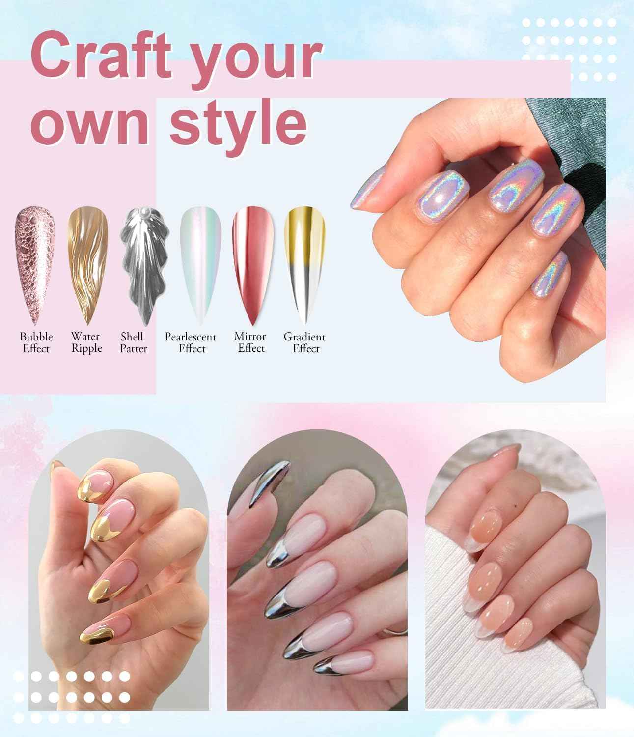 Chrome Nail Powder Kit - 12 Pcs Holographic & Iridescent Gel Polish for DIY Manicure