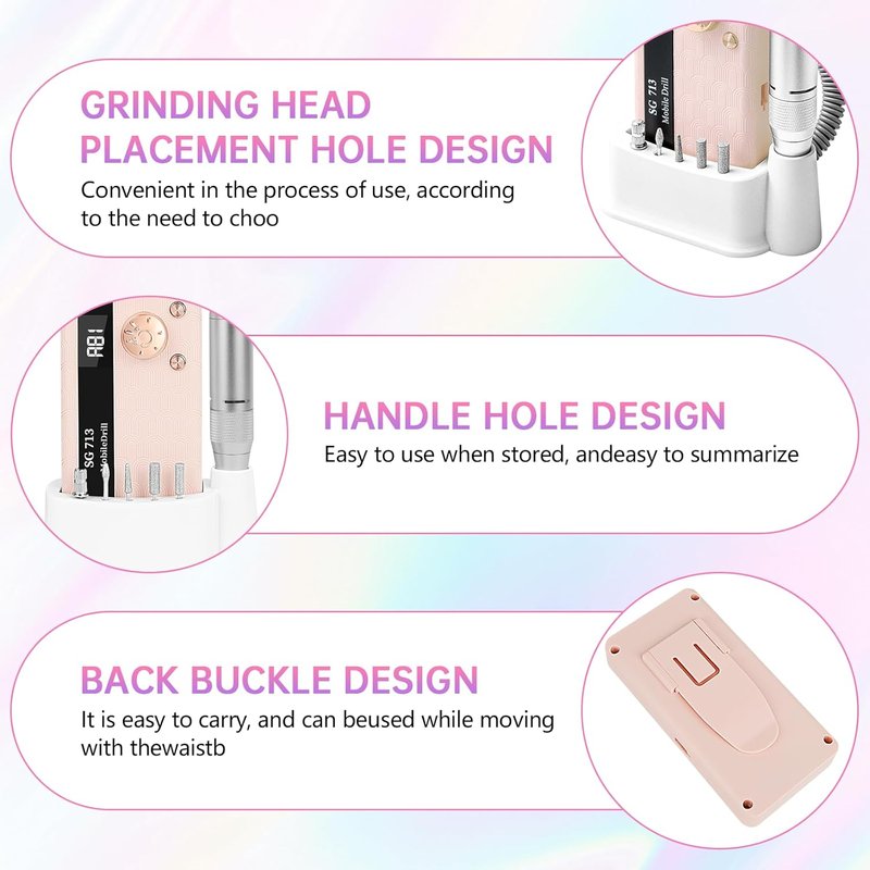 Electric Nail Drill - 45000RPM Portable Rechargeable E-File Kit | Ultra-Silent with 11 Bits & LED Screen (Pink)