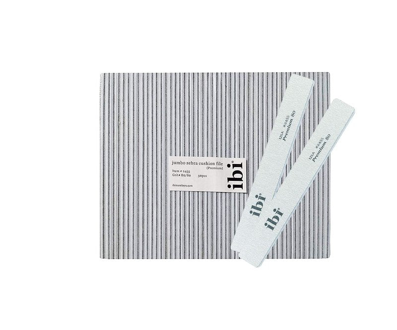 IBI 80 Premium Jumbo Zebra Cushion File | Grit 80/80 | Washable & Disinfectable Nail File for Professionals (50)