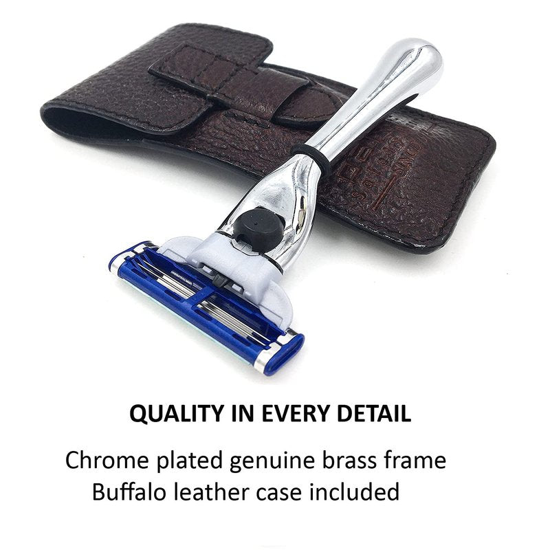 Parker Travel Razor - Compact Chrome Brass Handle | Compatible with Gillette® Mach3® Cartridges, Premium Leather Case for Men