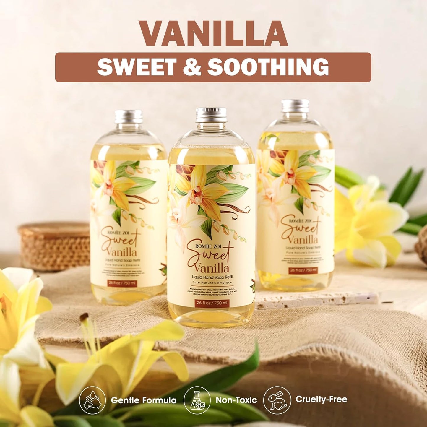 Sweet Vanille Liquid Hand Soap Refill Gift Set – 3 Pack (26 Fl Oz Each), Plant-Based & Biodegradable for Kitchen & Bathroom