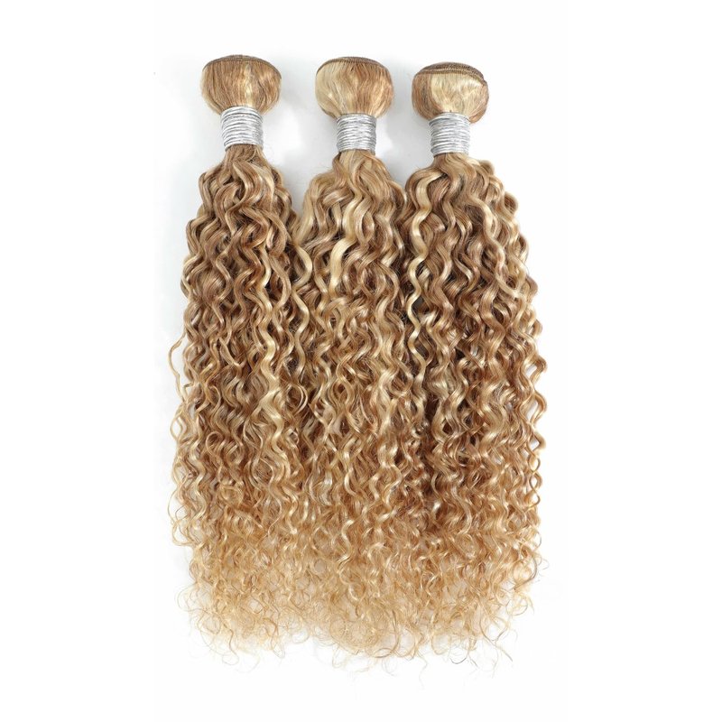 AUROO 27/613 Ombre Blonde Bundle Human Hair Water Wave, 13A Grade Highlighted Multi-Blonde Human Hair Wet n Wavy Curly Single Bundles 100% Raw Brazilian Silky Colored Hair Weaves Extension 10 Inch