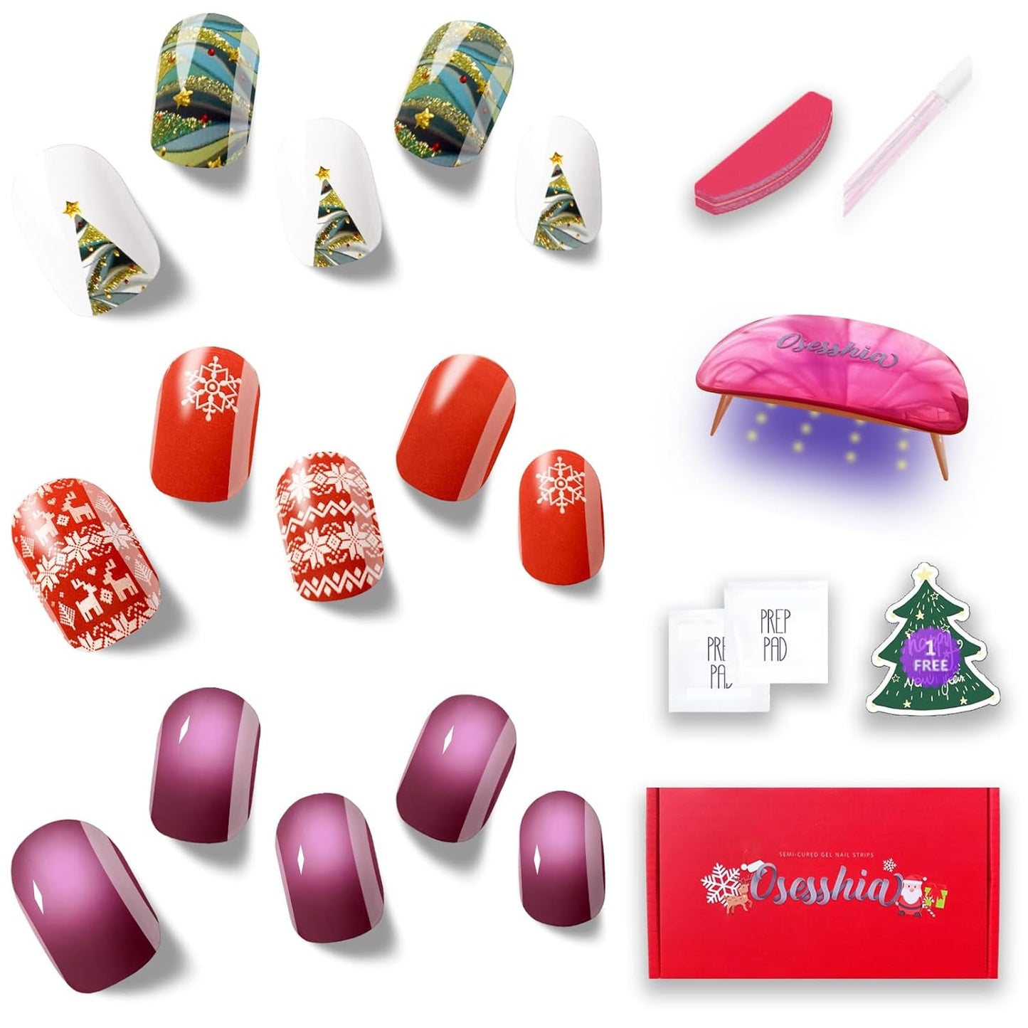 Semi Cured Gel Nail Strip Starter Kit - 60 Nail Stickers, UV Lamp & Tools for Salon Quality Christmas Nails