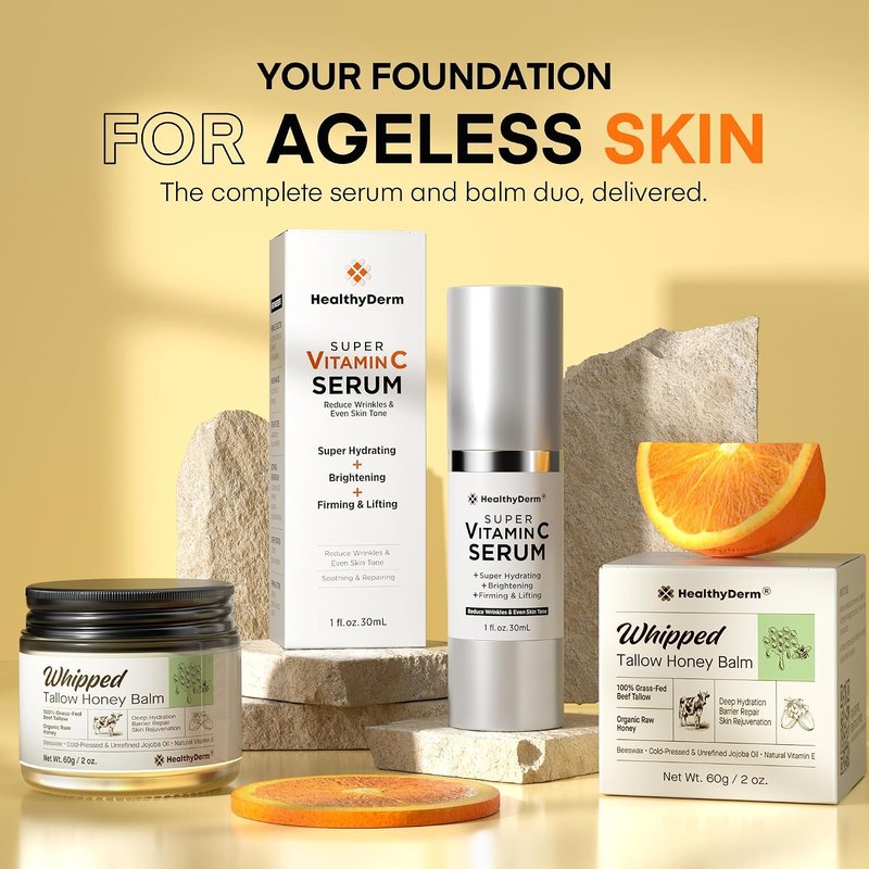 Super Vitamin C with Beef Tallow Honey Balm for Skin Duo – with Peptides & Niacinamide for Face Wrinkles, Lifting, & Age Spots | Complete Anti-Aging Skincare Set for Restoring Radiance to Mature Skin