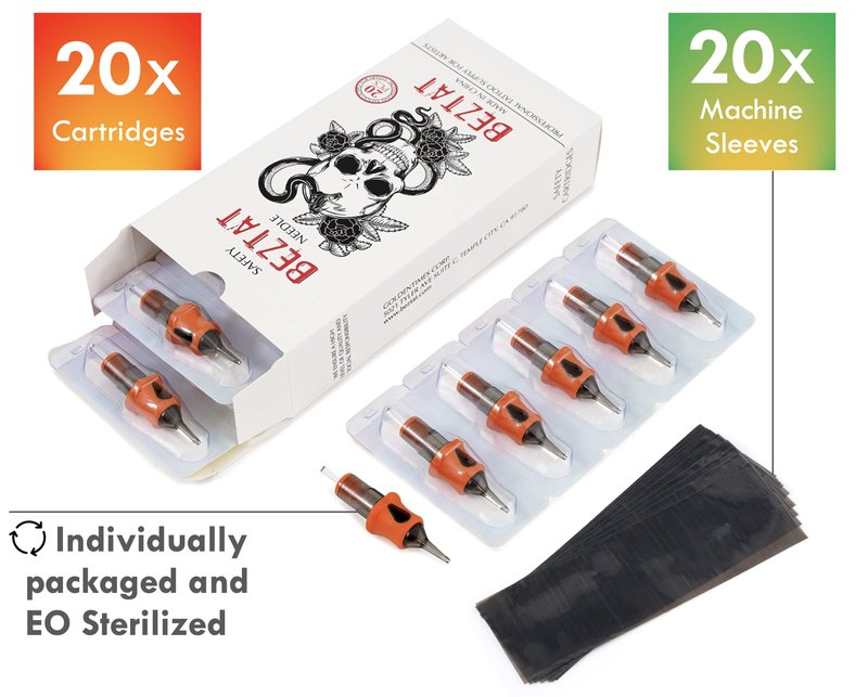 BEZTAT Ultra Premium Professional Tattoo Needles Cartridge w/Grip & Machine Covers Sleeves #08 Round Liner 20 Pack (0811RL)