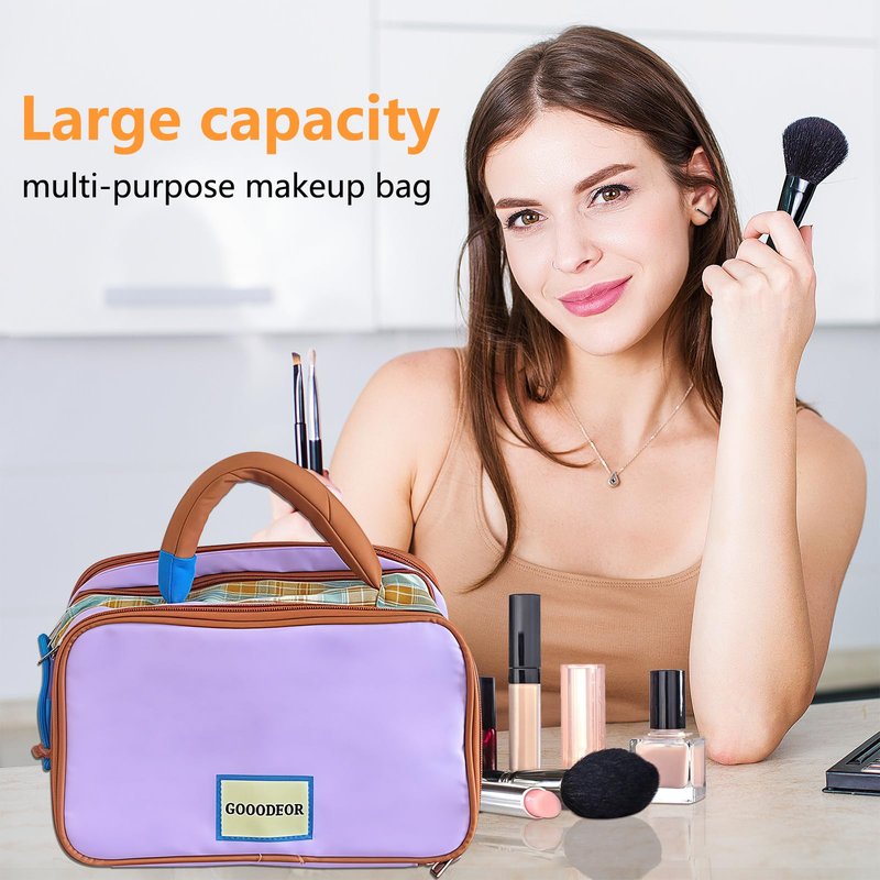 Cozomga 3 - Layer Large - Capacity Makeup Cosmetic Toiletry Bag with Double Zippers & Wide Opening, Portable Travel Organizer for Cosmetics & Toiletries,Purple