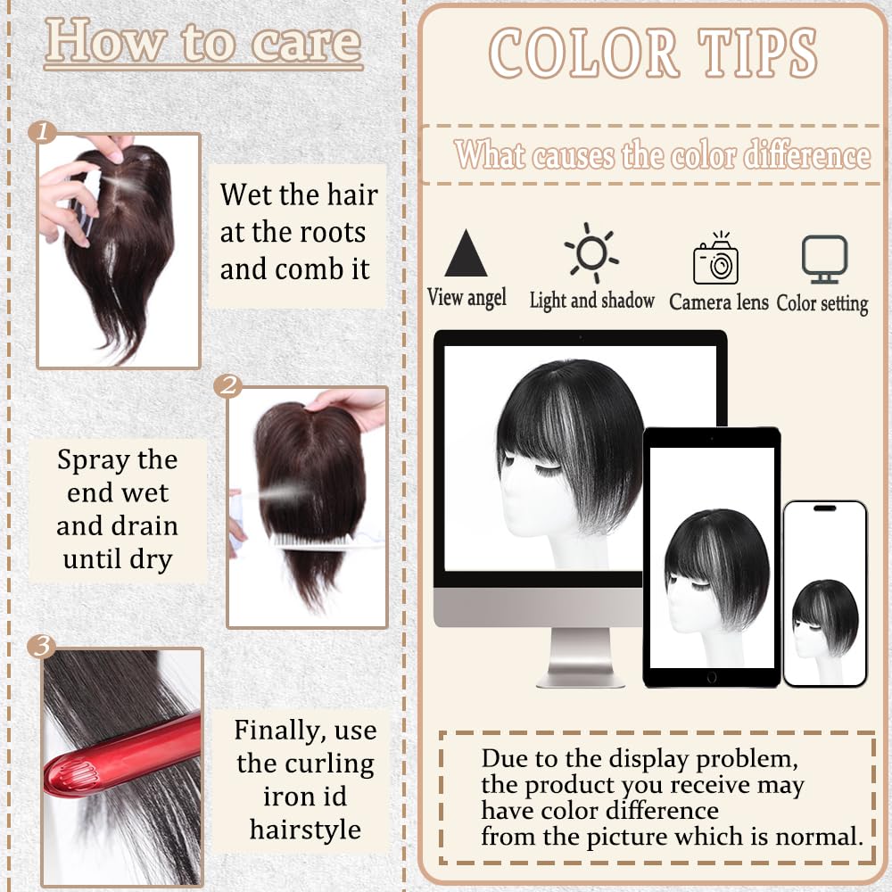 Real Human Hair Toppers for Women - 3D Clip-In Bangs with Natural Scalp Line | 1B Color, 5x9 Size