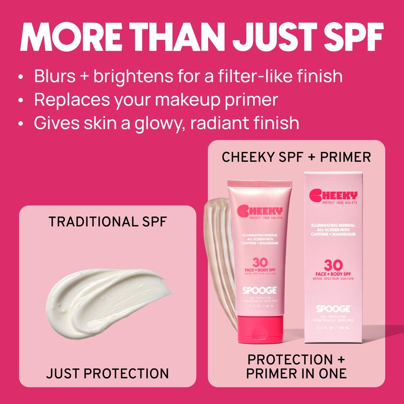 Spooge Cheeky | Shimmer Mineral Sunscreen SPF 30 | Zinc Oxide Sunblock | Glitter Sunscreen For Face & Body | Caffeine Infused Formula | Dermatologist Developed | Reef Safe Sunblock | 3.4oz