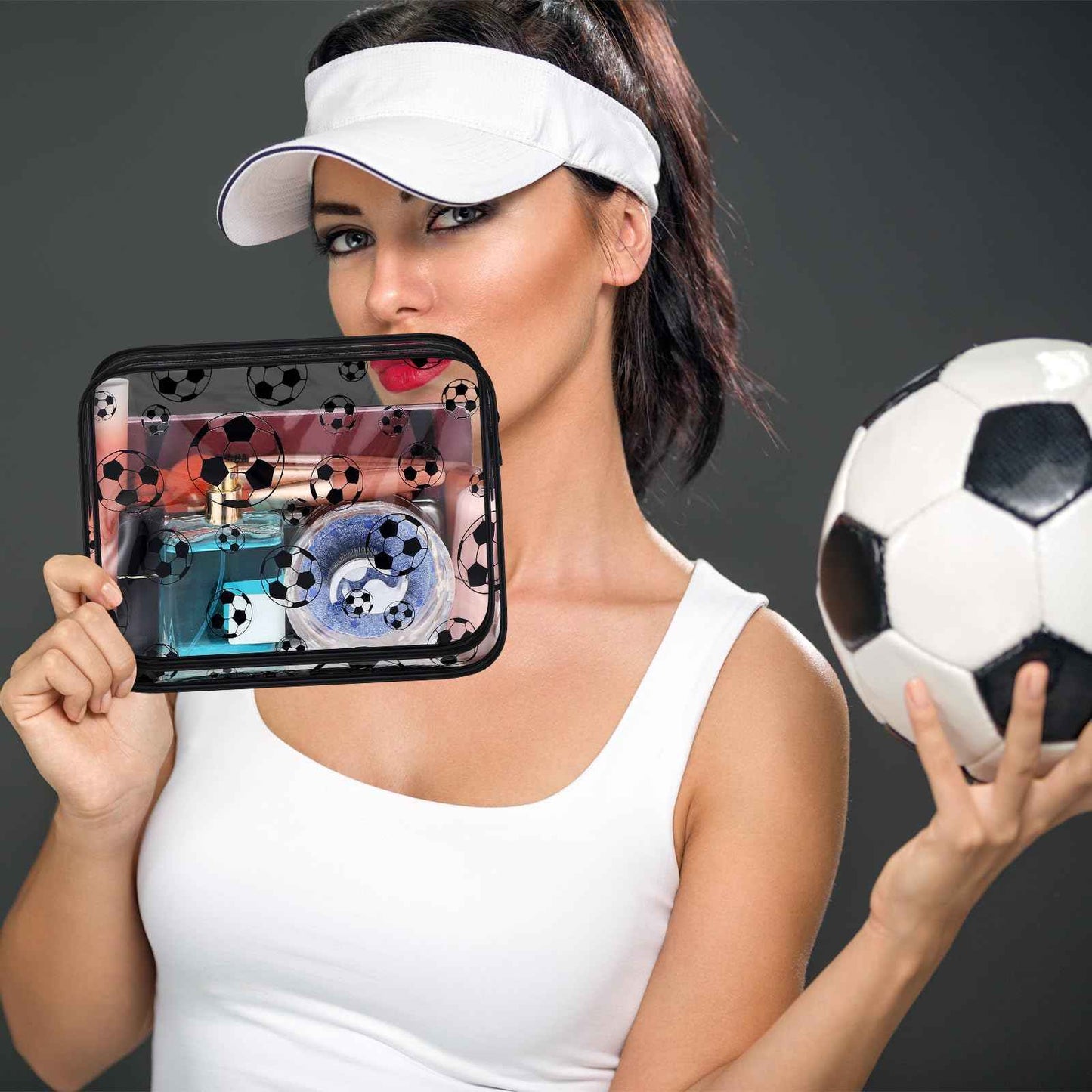 Kacctyen 20 Pcs Soccer Clear Makeup Gift Bags Bulk for Team Girls Soccer Party Accessories Goodie Bags for Football Lovers Clear Cosmetic Bag PVC Waterproof Christmas Gift for Women