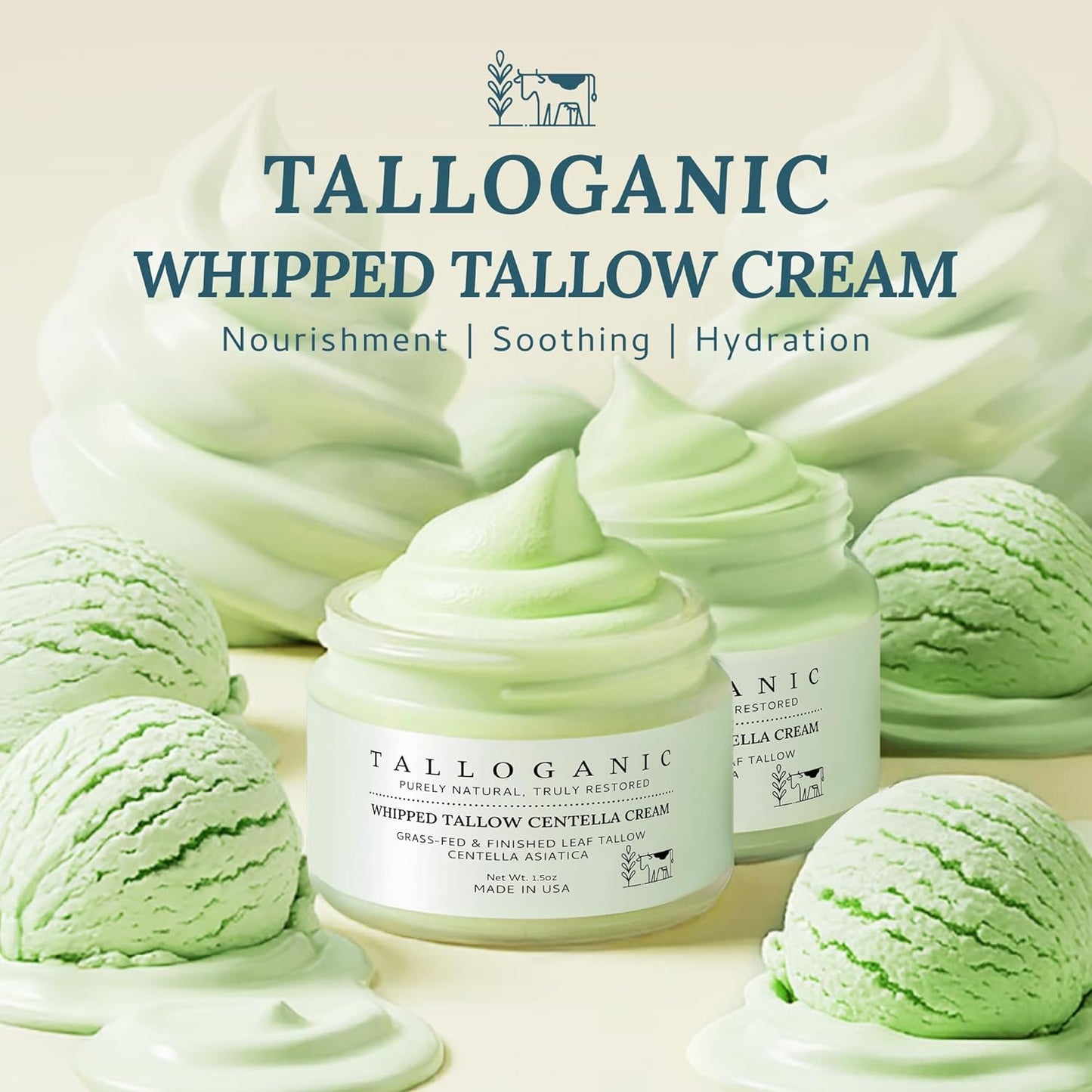 Beef Tallow Skin Cream | Grass-Fed Whipped Tallow Moisturizer - 100% Natural Hydrating Formula for Dry & Sensitive Skin