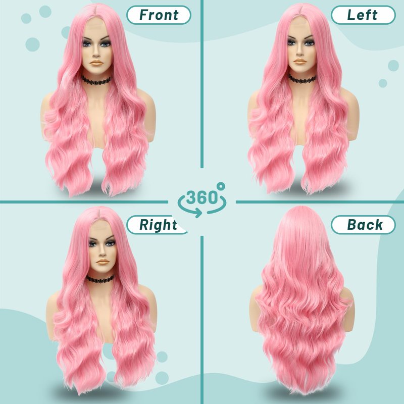 YESEGO Halloween Long Pink Wigs 26 Inch Curly Wigs for Women Wavy Middle Part Natural Looking Synthetic Lace Front Wig for Daily Cosplay Party Use, Pink