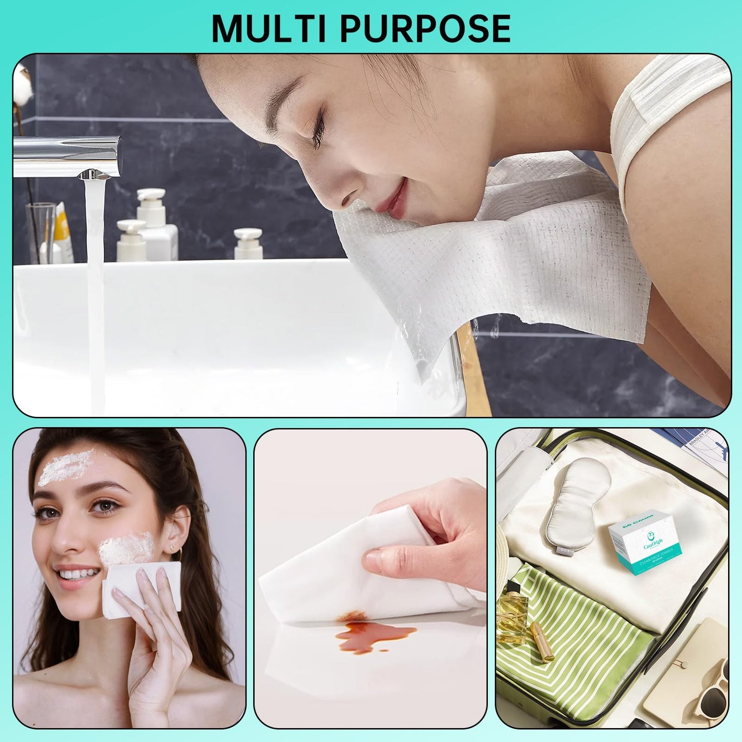 ONLYCARE Disposable Face Towel, Biodegradable Face Towels, 10" x 12" Super Thick Soft Facial Towels, 150 Count Face Towelettes Disposable for Sensitive Skin, Makeup Remover Dry Wipes, 3 Pack