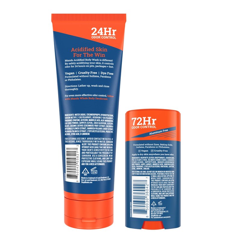 Mando Smooth Solid Stick (2.6 Ounce) + Acidified Body Wash (8.5 Ounce) - Clinically Proven to Block Odor All Day - Whole Body Safe For Pits, Packages + Feet (Pro Sport)