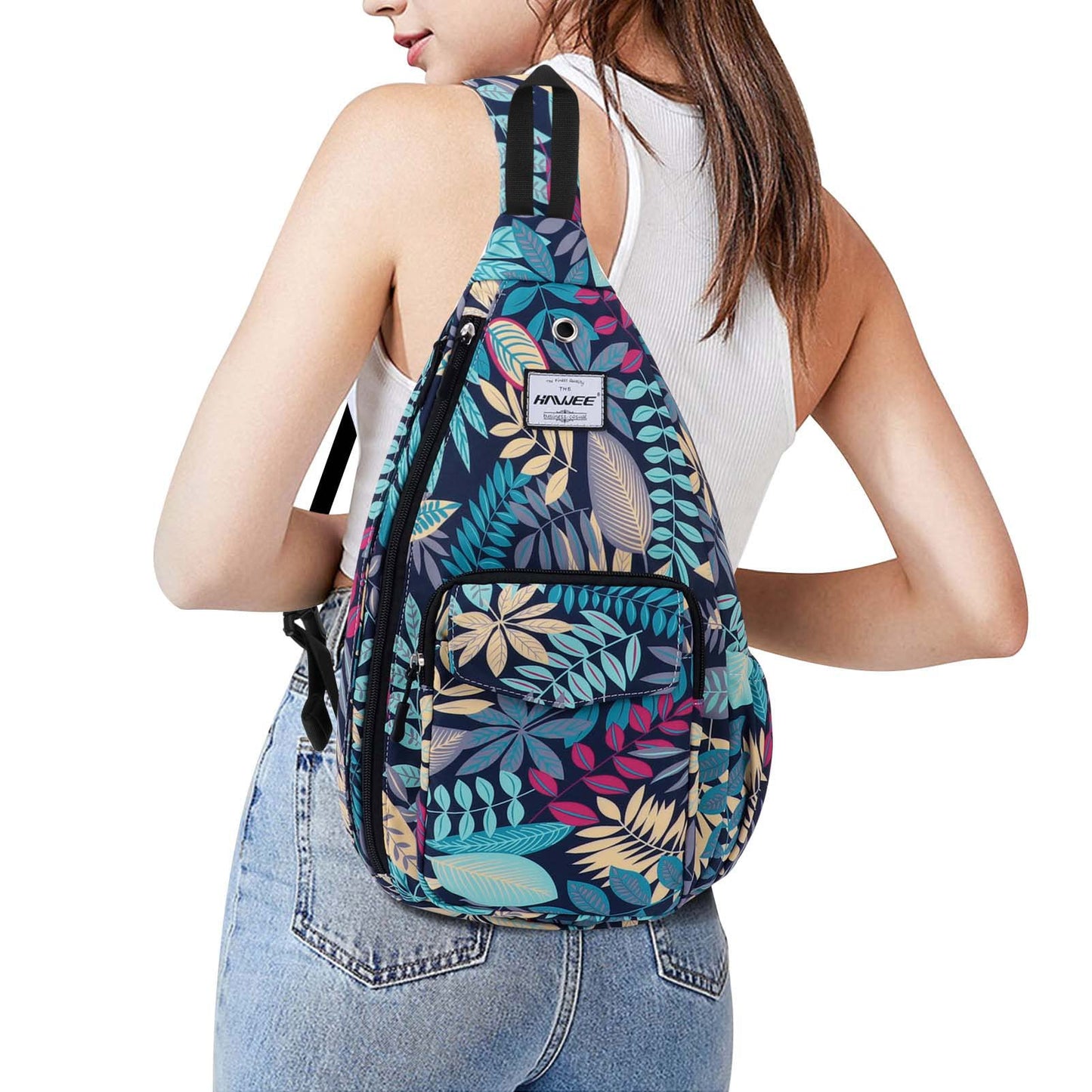 HAWEE Rope Sling Bag for Women Casual Cross Body Backpack Adjustable Anti-slip Strap/Bottle Pocket/Earphone Hole for Travel Hiking Sports, Blue Maple