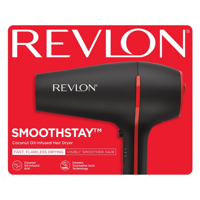 REVLON SmoothStay Hair Dryer with Diffuser, Ionic Ceramic Blow Dryer, Coconut Oil Infused for Frizz Control, Shine and Volume, 1875W Lightweight Dryer with Concentrator for Smooth or Curly Styles