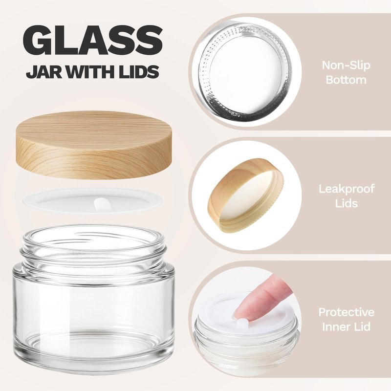 1 oz Glass Jars with Plastic Woodgrain Lids, Bumobum 48 pack Round Clear Cream Jars with Black and White Labels & Inner Liners, Empty Cosmetic Containers for Cream, Lotion, Ointment