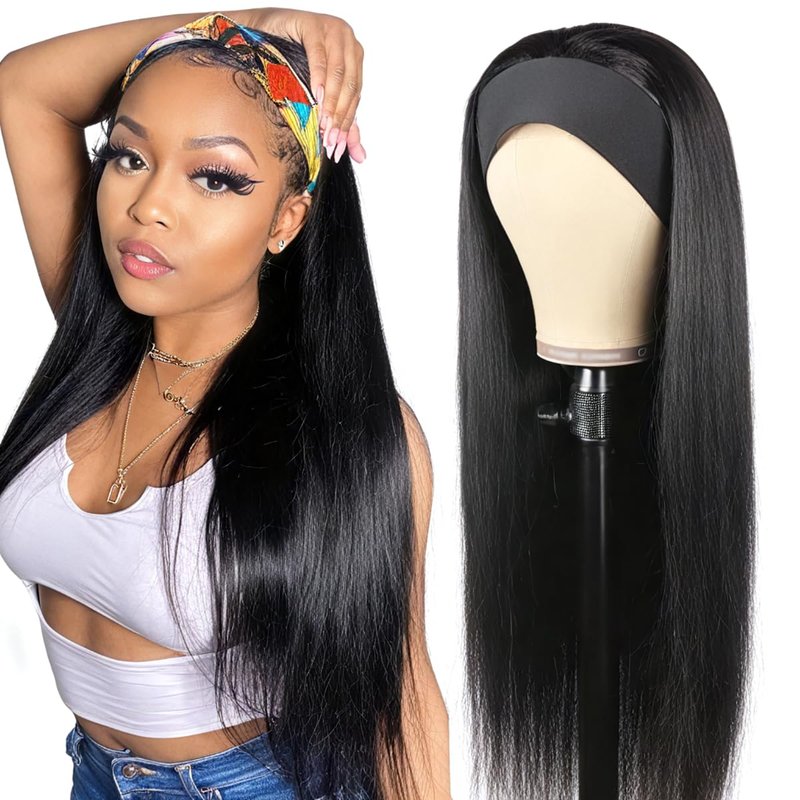 Unvizossa Headband Wig Human Hair Straight 18 Inch Headband Wigs for Black Women Glueless None Lace Front Wig Brazilian Virgin Human Hair Wigs Natural Color 150% Density