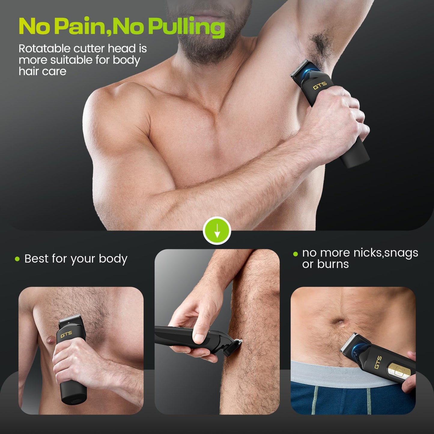 GTS PRO Electric Body Hair Trimmer for Men - Multi-Angle Ceramic Blade with LED Screen & 7000RPM Adjustable Speed, IPX6 Waterproof Pubic/Ball/Groin Shaver Kit, USB/Dock Charging, 90min Runtime, Box