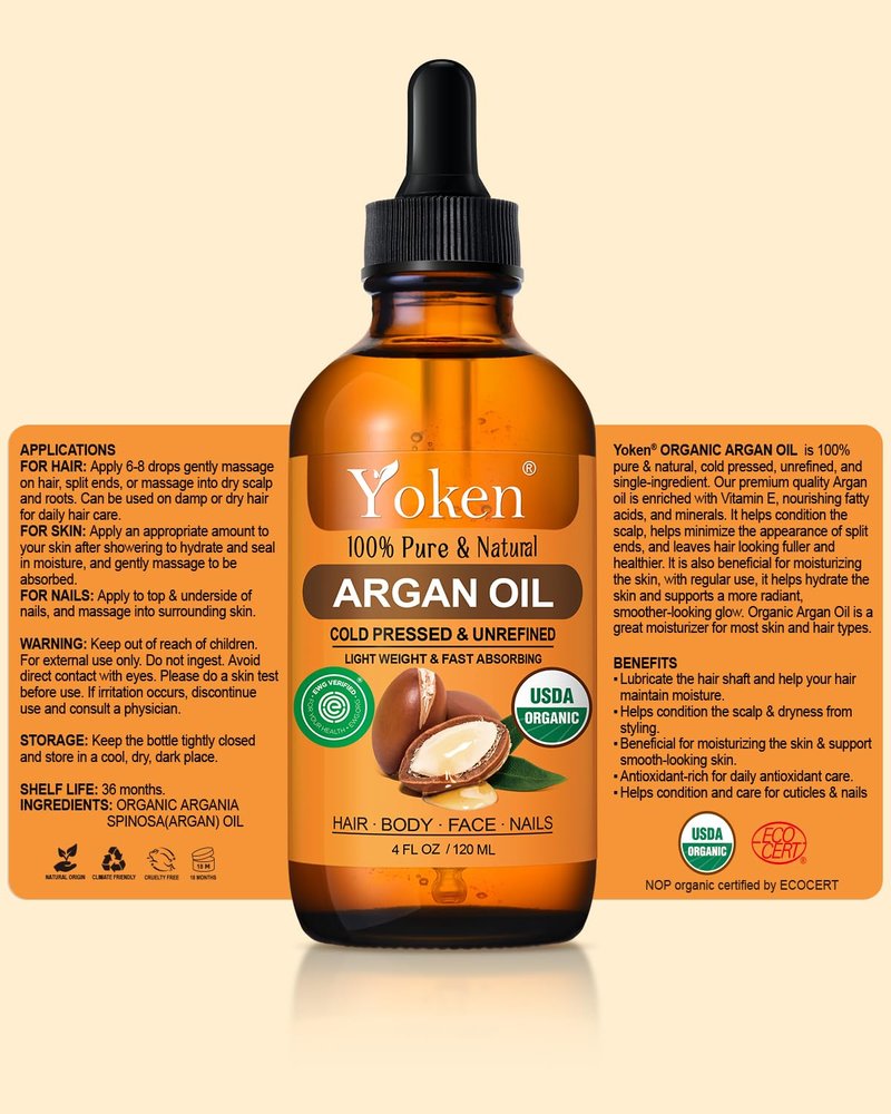 Yoken USDA Argan Oil 4oz, Cold Pressed Oil with Dropper for Hair Scalp Face
