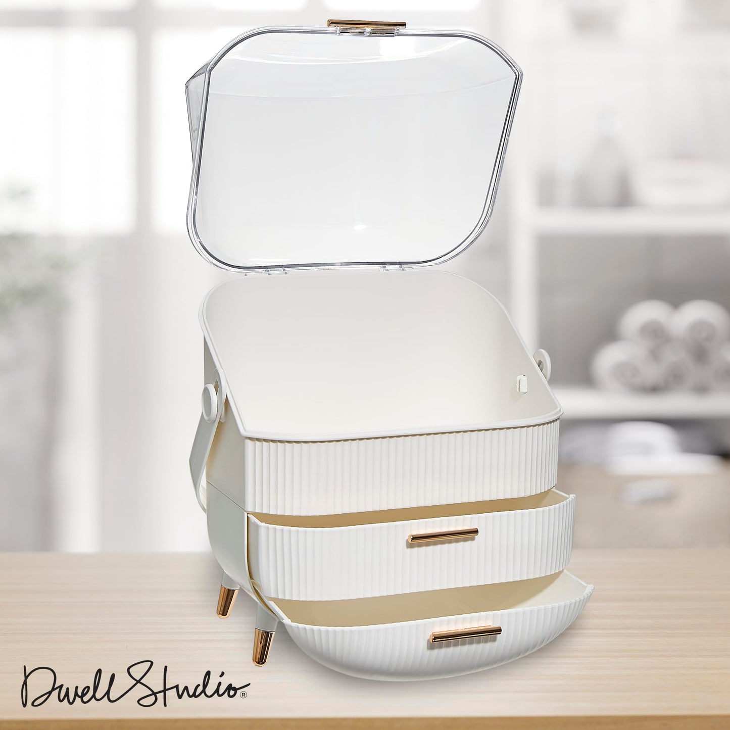 DwellStudio Dustproof Makeup Organizer for Cosmetics and Skincare - Stylish Storage Solution for Your Beauty Essentials, Oval White