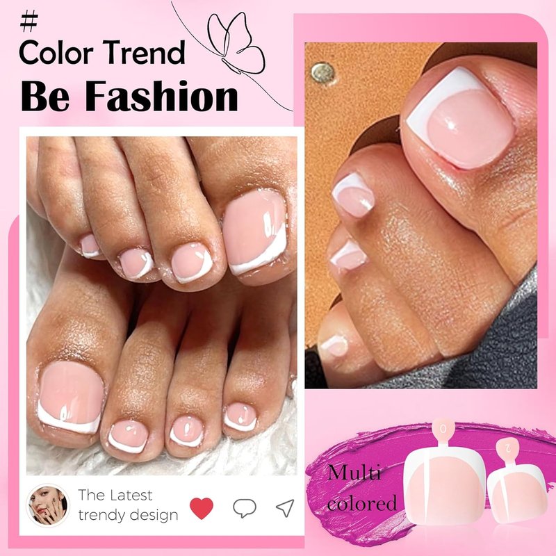 French Tip Press-On Toenails - 144pc Acrylic Fake Toe Nail Kit with Glue Tabs | Square Design