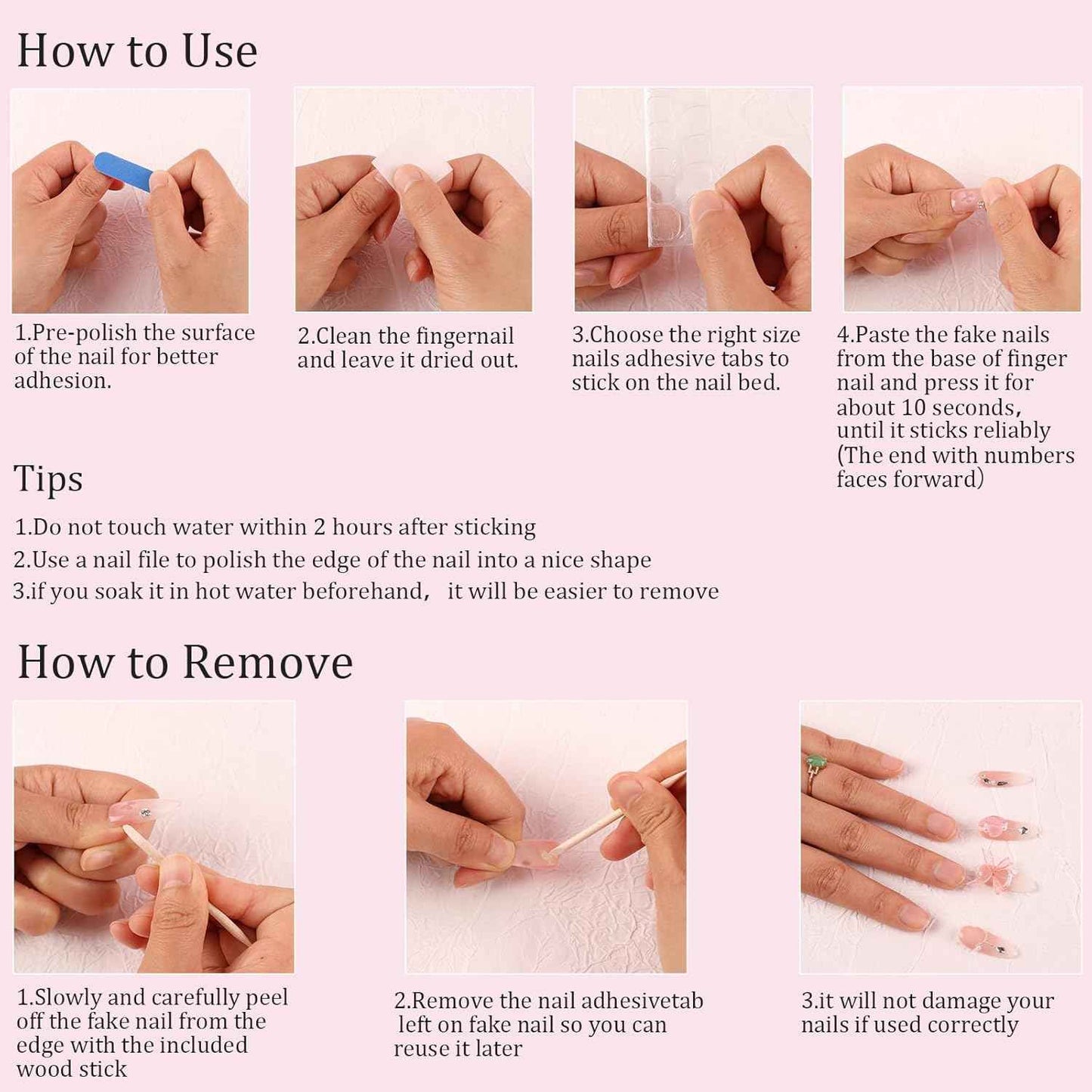 Luxury Pink Acrylic Nail Tips with Crystals - Reusable Long Square Press-On Nails (10 Pcs, Size M)