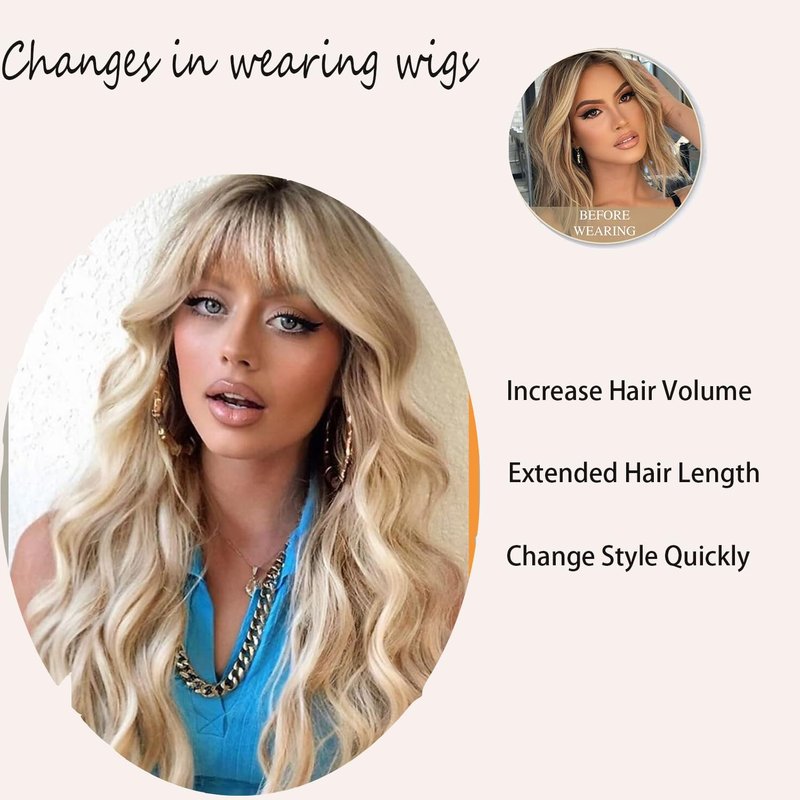 punhurt Blonde Wig with Bangs 26inch Long Synthetic Wig Wavy Curly Ombre Wigs with Dark Root Heat Resistant Fiber Wigs for White Women