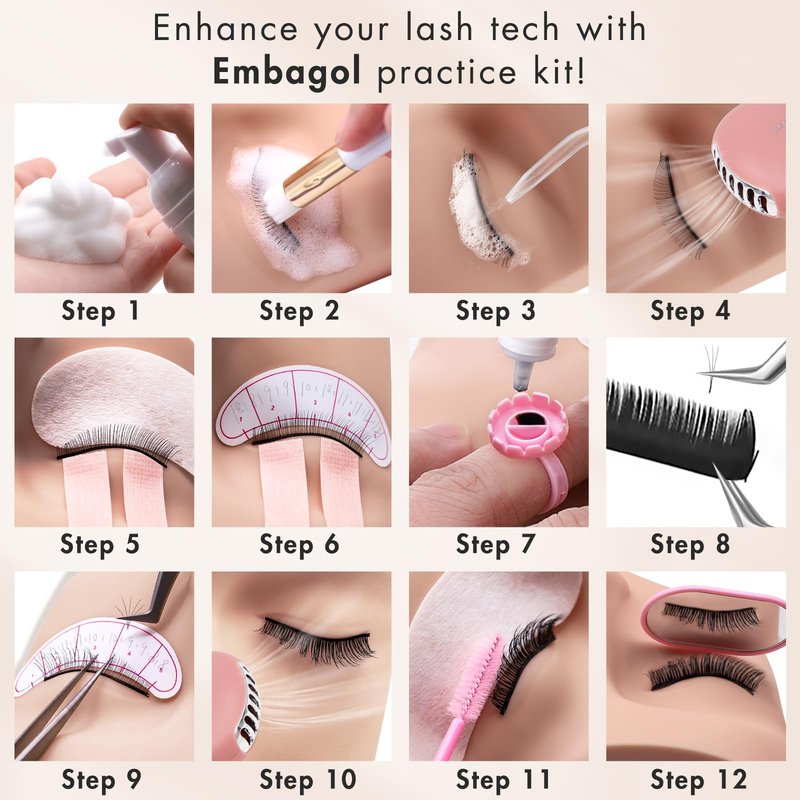 Embagol Lash Extension Practice Kit, Eyelash Extension Training Kit for Beginners, Professional Eyelash Mannequin Head Set with Lash Fan, Lash Shampoo, Lash Adhesive, Glue Rings and Lash Mirror