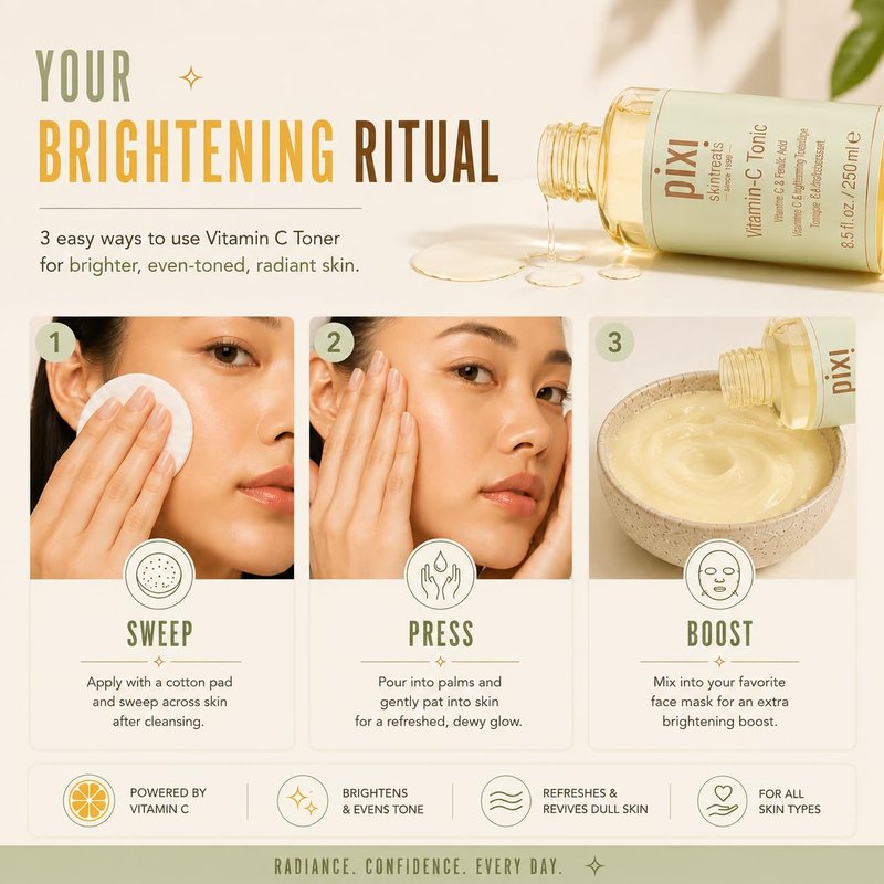 Pixi Vitamin-C Toner Tonic | Fade Dark Spots & Brighten Skin | Vitamin C & Ferulic Acid, with Probiotics | Boost Skin Luminosity, Brighten Dull Skin, Alcohol Free Daily Toner (250ml / 8,5 fl oz)
