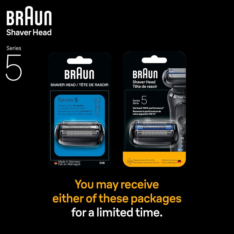 Braun Series 5 Electric Shaver Replacement Head, Easily Attach Your Shaver Head for a Shave as efficient as Day one, Compatible with New Generation Series 5 Shavers, 54B, Black