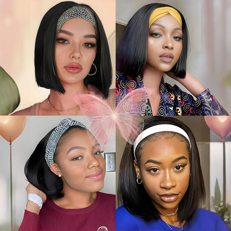 Comfair Headband Wig Human Hair Bob Short Straight Human Hair Headband Wig Wear And Go Glueless Wigs 180% Density None Lace Natural Color Bob Short Human Hair Wigs for Black Women(14 inch)
