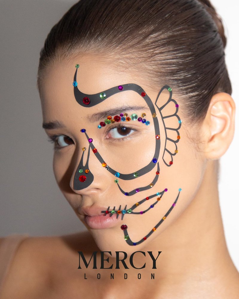 Day of the Dead Face Jewels by Mercy London Skeleton Costume Accessories Gems All In One Halloween Stick On Sticker
