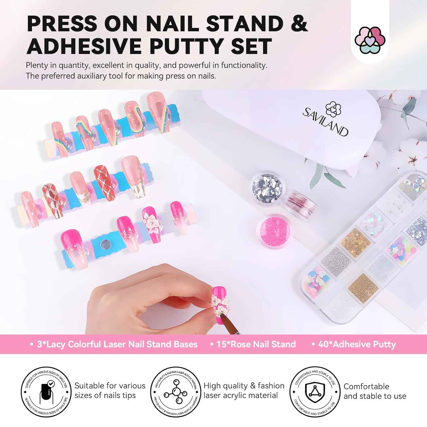 Saviland Acrylic Nail Kit for Beginners - Keratin Powder, Vitamin E Gel & Nail Stand
