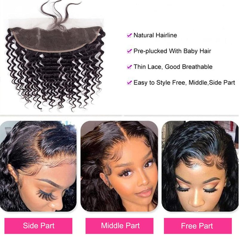Deep Wave Frontal 13x4 HD Lace Front Human Hair Pre Plucked with Baby Hair Ear to Ear Transparent Lace Closure 100% Virgin Deep Wave Frontal 12 Inch