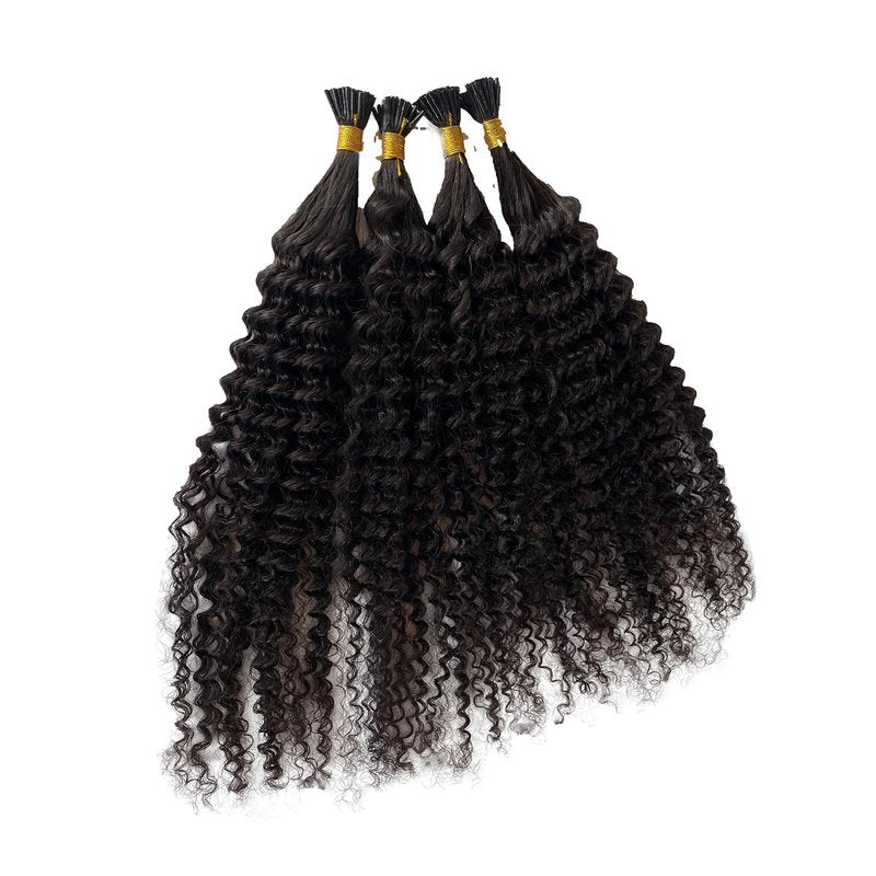 Kinky Curly I Tip Human Hair Extensions 0.5g/s 100 Strands 50g/pack Keratin Cold Fusion I Tip Hair Extensions Hair Piece #1B Natural Black Pre Bonded Itips Hair, 2-3 Packs for Full Head 18in
