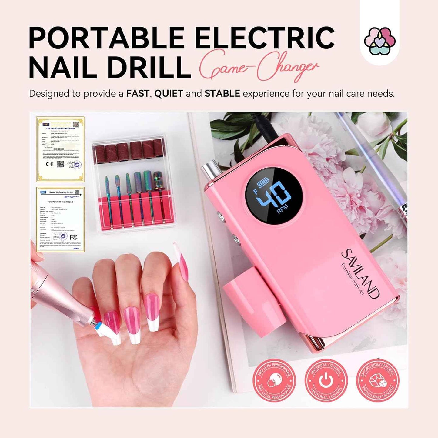 Professional Electric Nail Drill 40,000 RPM with 5 Dotting Tools & 13 Bits for Acrylic & Gel Nails