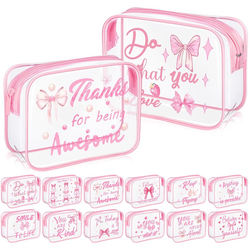 Kacctyen 12 Pcs Clear Makeup Bags Flower Bulk Inspirational Quotes Waterproof Portable with Toiletry Zipper Pink Clear PVC Travel Pouch Encouragement Quotes Bags Appreciation Gift for Mother Nurse