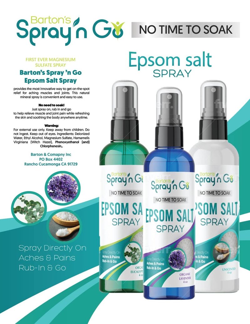 Barton’s Spray n Go Epsom Salt Spray, Unscented, Organic Eucalyptus Oil, Organic Lavender, 3-in-1 Set - Helps Muscles and Joint discomfort.