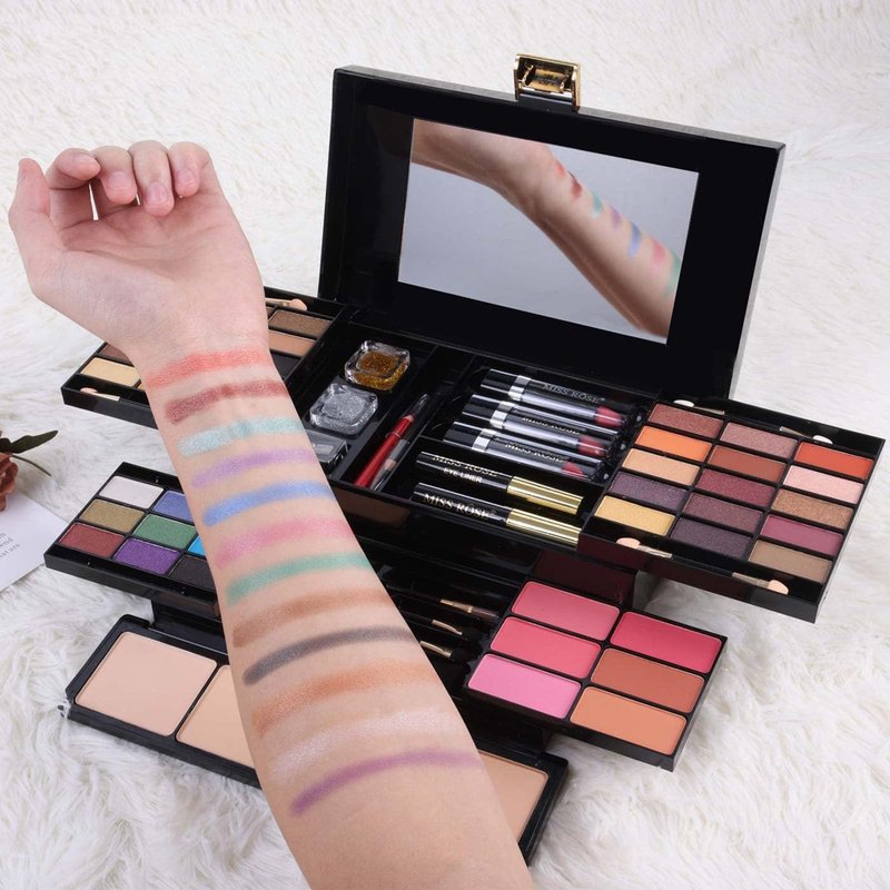 MISS ROSE 190 Colors Cosmetic Make up Piano Box Set,Combination with Eyeshadow /Facial Blusher /Eyebrow Powder /Eyeliner Pencil /Mirror,All-in-1 Makeup Gift Set (Color B)
