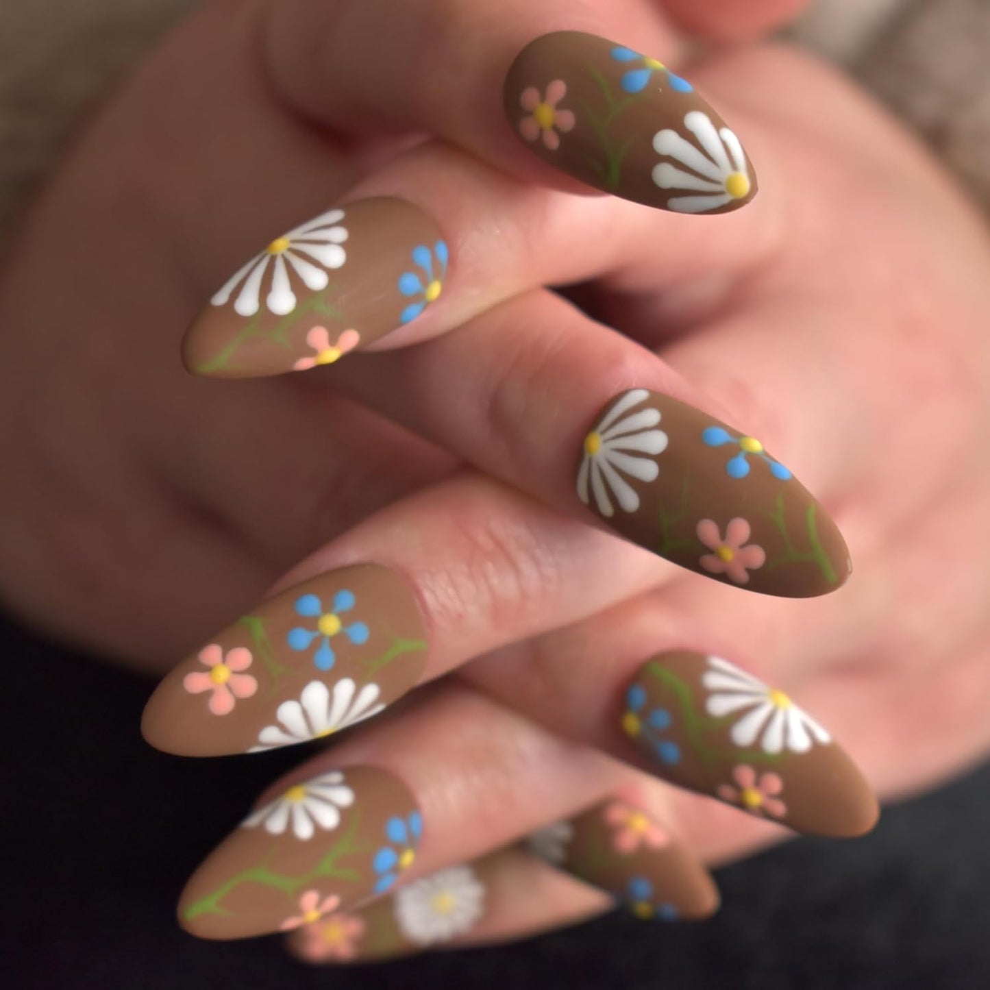 3D Blue Almond Press-On Nails with Carved Flower & Bubble Pearl - Handmade Acrylic Manicure, Medium Size