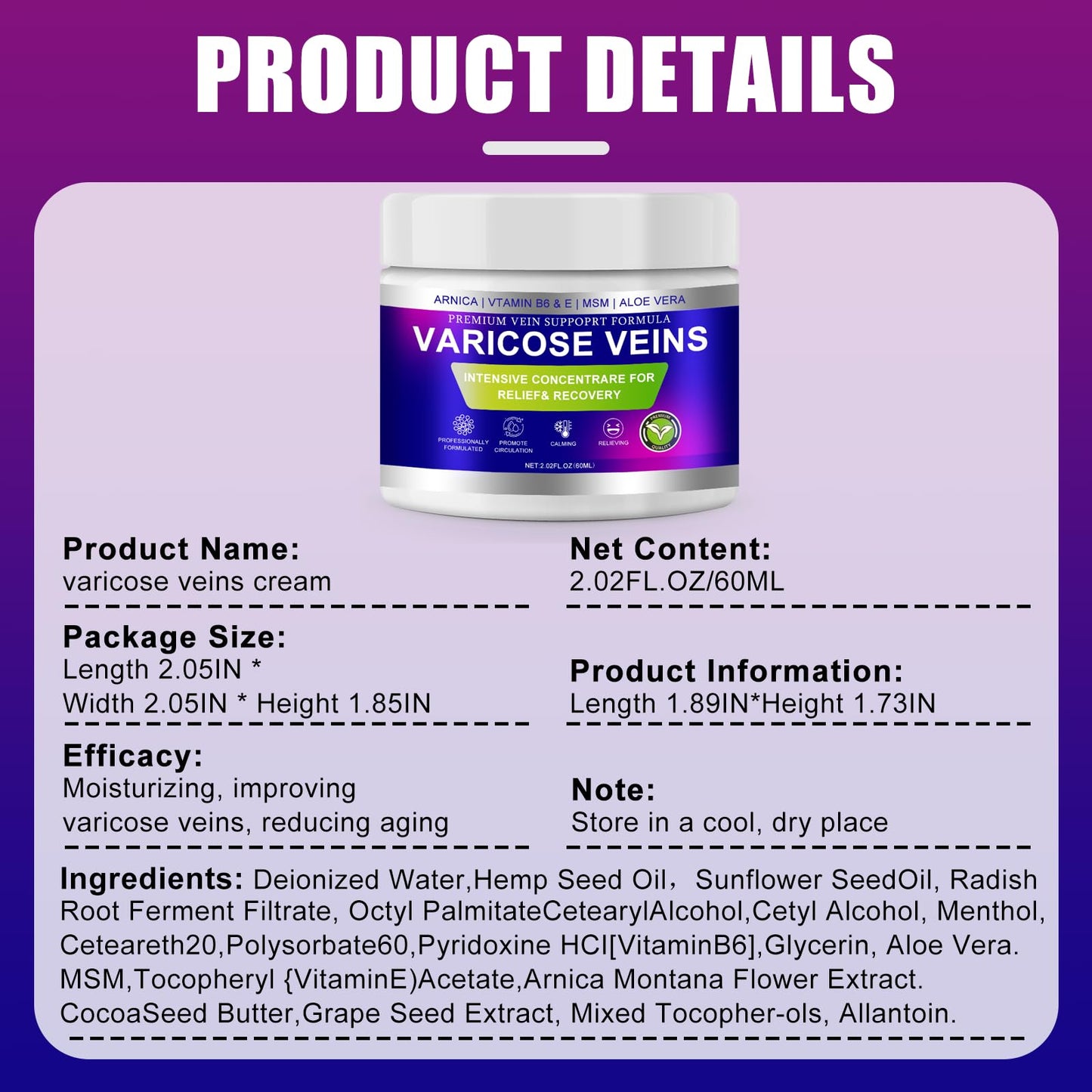 Yongsenina Varicose Veins Cream, Vein Cream & Spider Veins Treatment for Legs, Improves Blood Circulation and Relief From Heavy Fatigued Leg, Refreshing and Non-Sticky, 2PK