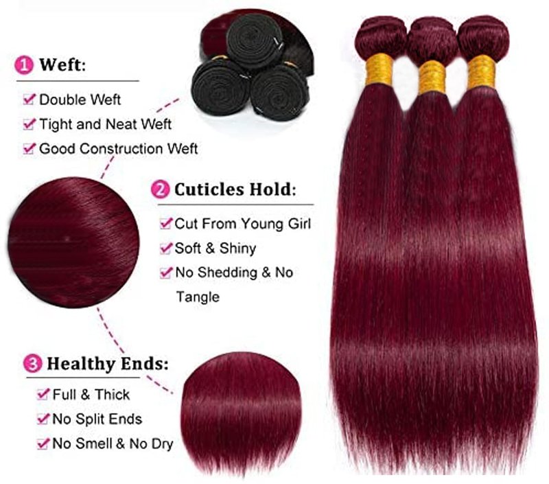 Xddnamei Augfst Virgin Weave Human Hair Bundles 300g #99J-Burgundy-Straight Wave Bundles Human Hair 8 10 12 inch Unprocessed Brazilian Wine Red Quick Weave Hair Bundles for Black Women