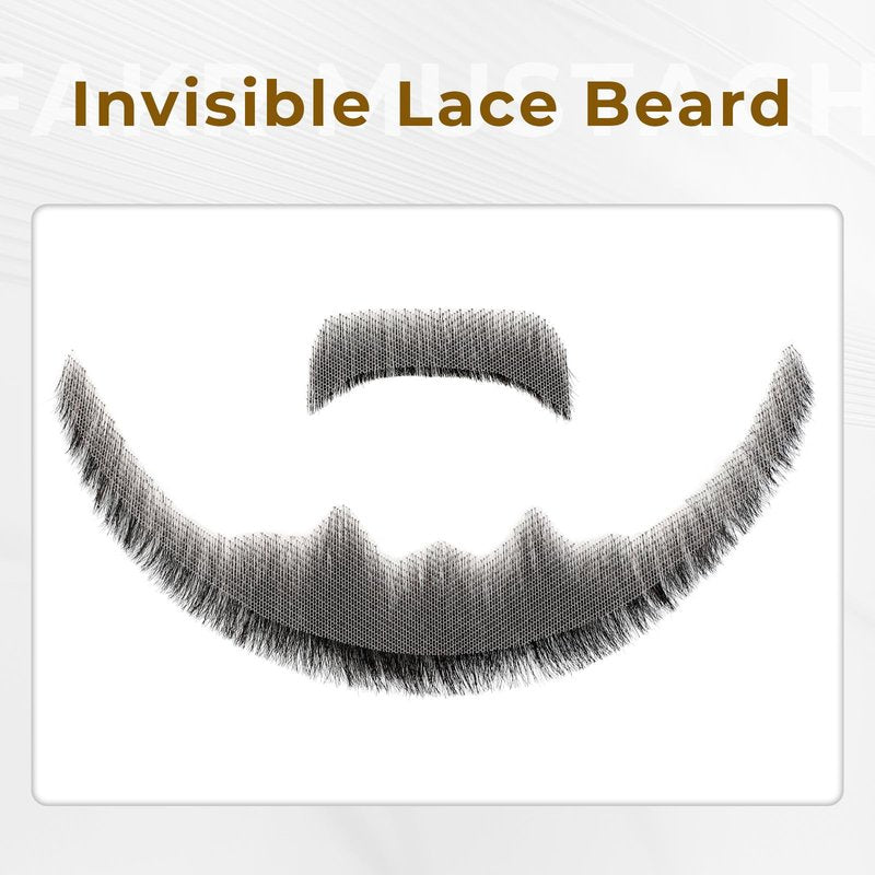 Wodelanle Fake Mustache Realistic Beard 100% Human Hair Full Hand Tied Facial Hair Black Goatee Fake Beards Lace Invisible Fake Mustache for Entertainment Party Drama Movie Makeup