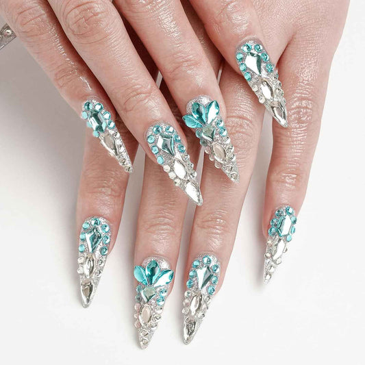 Luxury Ombre Red Glitter Press-On Nails Set - Long Square Glue-On Nails with Full Gem Coverage for Women & Girls (10 Pcs, Red-M)