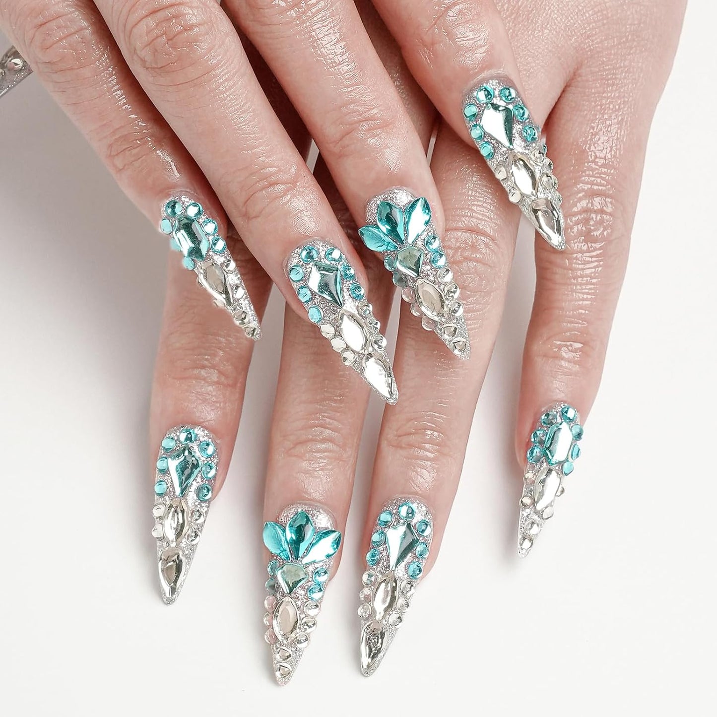 Luxury Ombre Red Glitter Press-On Nails Set - Long Square Glue-On Nails with Full Gem Coverage for Women & Girls (10 Pcs, Red-M)