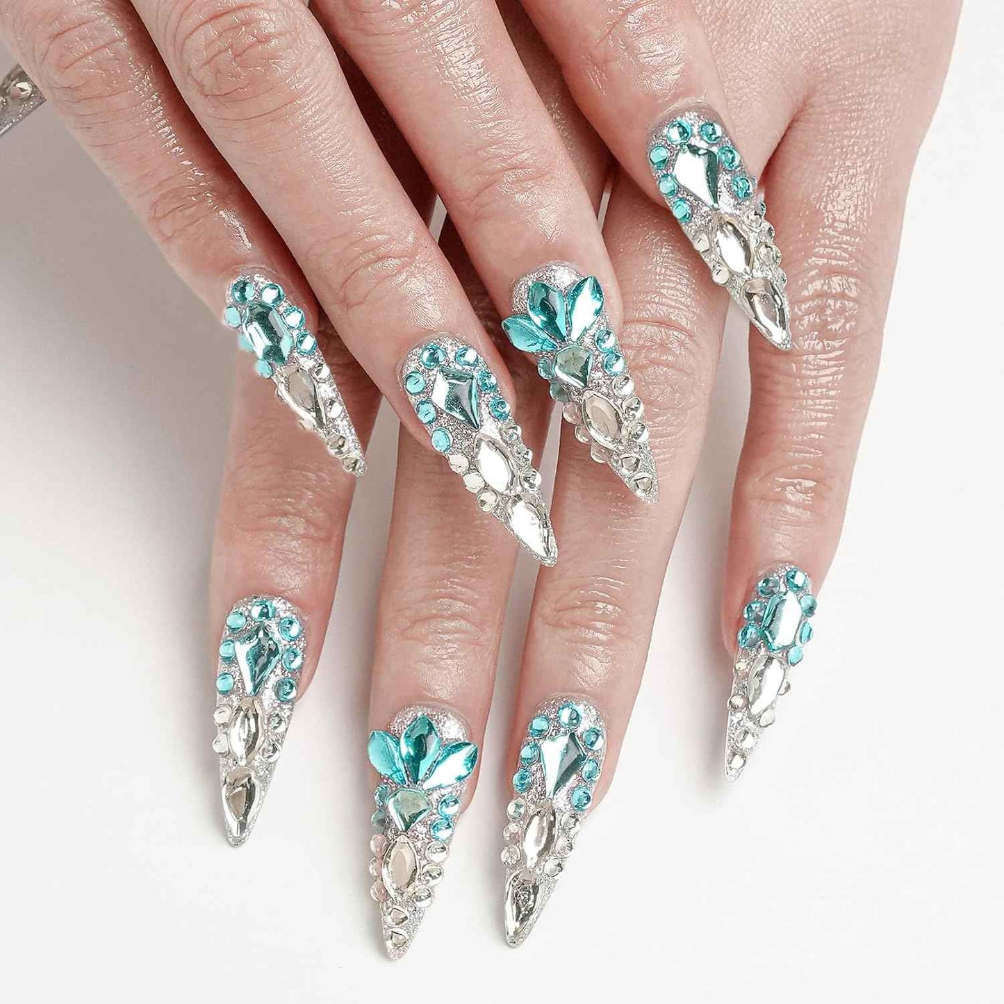 Luxury Ombre Red Glitter Press-On Nails Set - Long Square Glue-On Nails with Full Gem Coverage for Women & Girls (10 Pcs, Red-M)