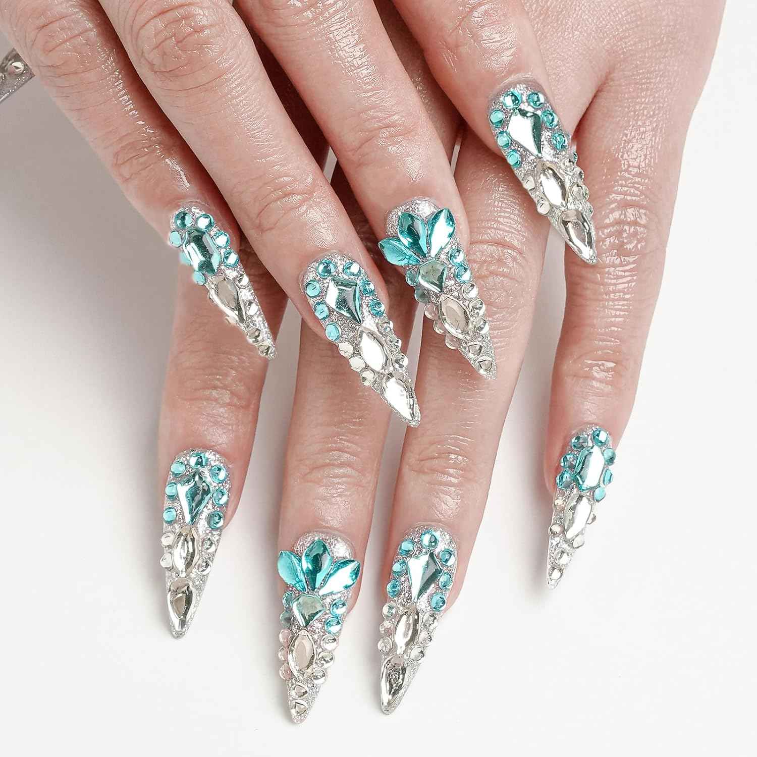 Luxury Ombre Red Glitter Press-On Nails Set - Long Square Glue-On Nails with Full Gem Coverage for Women & Girls (10 Pcs, Red-M)